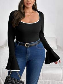 SHEIN Privé Kaos Wanita Ukuran Besar Kasual dengan Trim Kontras, Leher Persegi, Lengan Lebar, Bahan Rajut Rib, Potongan Slim Fit, Musim Semi/Gugur - Hitam - View 3