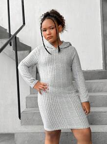 SHEIN Tween Girls Extended Size Basic Casual Knit Solid Color Long Sleeve Hooded Sheath Dress - Grey - View 3