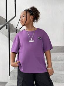 SHEIN Tween Girls Extended Size Basic Casual Loose Fit Short Sleeve Knit Top For Spring/Summer - Purple - View 6