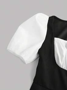 SHEIN Vestido de bloques de color con mangas abullonadas dulce y elegante de la Academia para niña adolescente, negro y blanco - Blanco y Negro - Ver 4