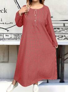 SHEIN LUNE 大码女式休闲格子长裙 - 紅色 - 查看 4