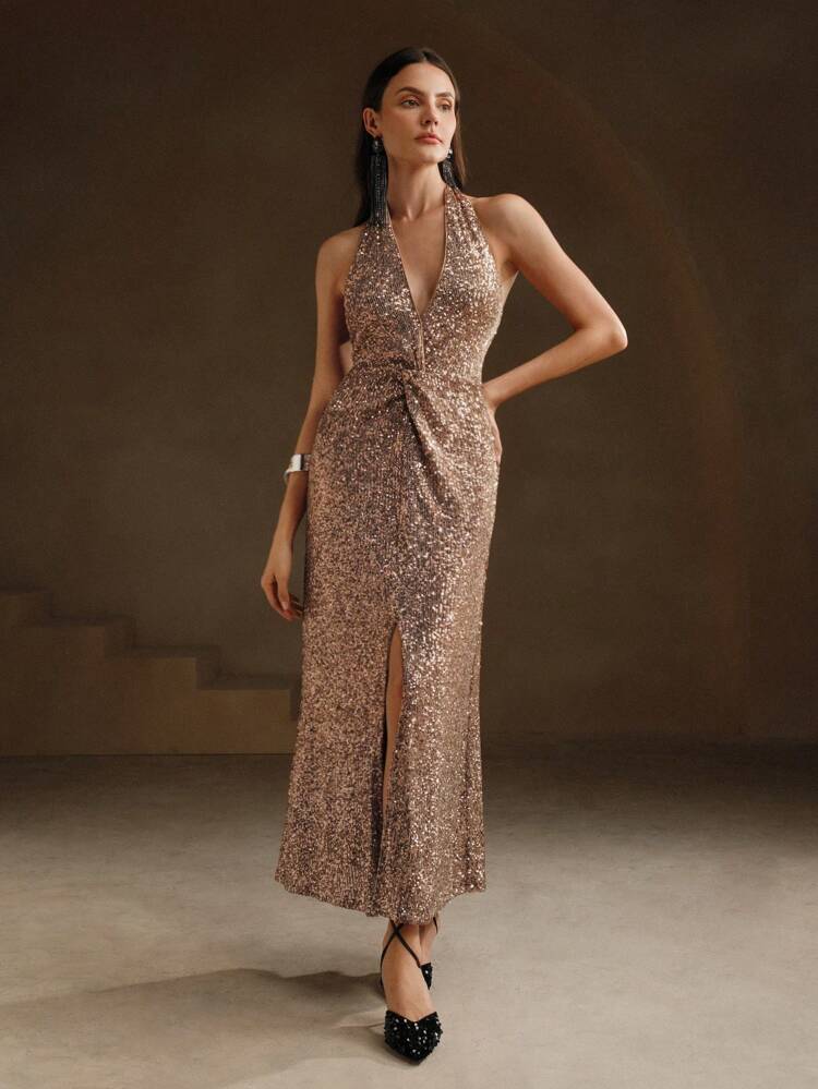 Elegant Gold Sequins Twisted Open Back Halter Dress