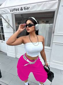 POPSWAY Plus Size Work Shorts With Covered Pockets And Drawstring Hem - Hot Pink - View 6