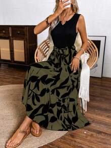 EMERY ROSE 春夏印花不对称下摆针织树叶印花背心裙（中长款）长款度假海滩装女士 - 軍綠色 - 查看 3