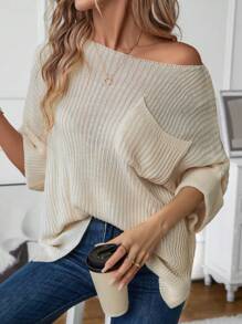SHEIN LUNE Suéter para mujeres con diseño de hombros caídos y bolsillo, ajuste relajado para uso diario casual