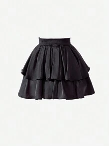SHEIN Tween Girl Loose Casual Elegant Black Drawstring Waist Flare Hem Midi Skirt - Black - View 2