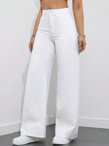 SHEIN ICON 女式純色日常牛仔褲 - 白色 - 查看 6