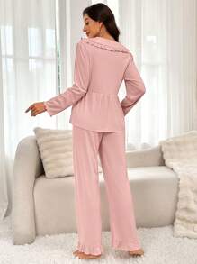 SHEIN Size-Coded Women's Plain Simple Long Sleeve Top & Long Pants Pajama Set For Daily Wear, Fall Winter Clothes - Dusty Pink - View 3