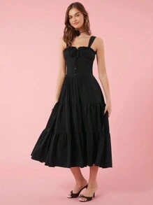 Enchnt Vestido largo recogido con escote cuadrado y estilo rural romántico