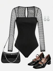 SHEIN 少女優雅黑色透明針織網眼連身衣 - 黑色 - 查看 1