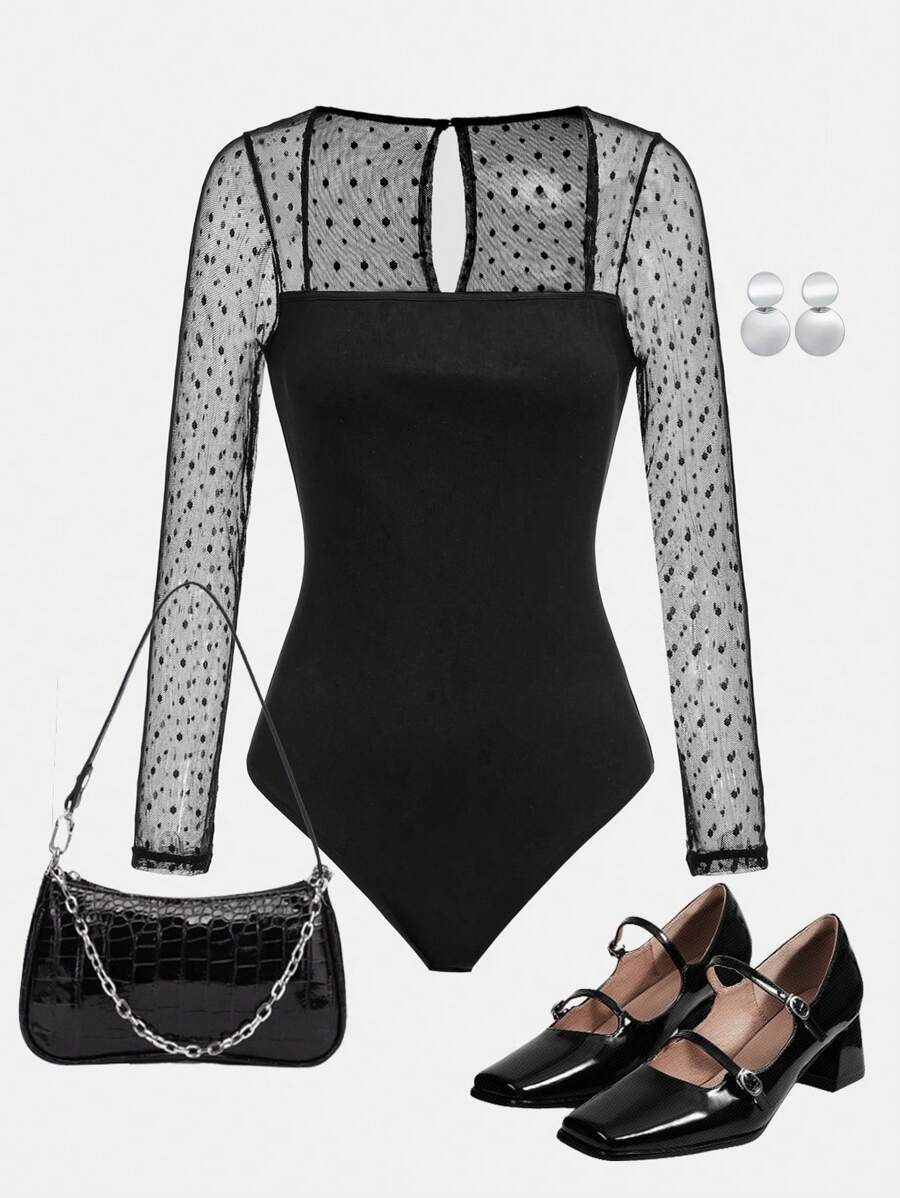 SHEIN 少女優雅黑色透明針織網眼連身衣 - 黑色 - 查看 1