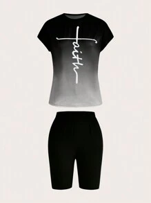 Chiquease 宽肩带圆领渐变色印花紧身短裤套装 - 黑色 - 查看 4