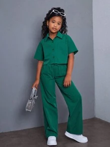 SHEIN Conjunto de camisa de manga corta holgada y casual de unicolor y pantalones anchos para niñas preadolescentes con bolsillos de parche
