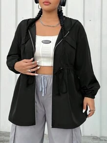 SHEIN CURVE+ Plus solidna kurtka z kapturem, zapinana na zamek i sznurkiem - Czarne - Zobacz 2