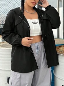 SHEIN CURVE+ Plus solidna kurtka z kapturem, zapinana na zamek i sznurkiem - Czarne - Zobacz 3