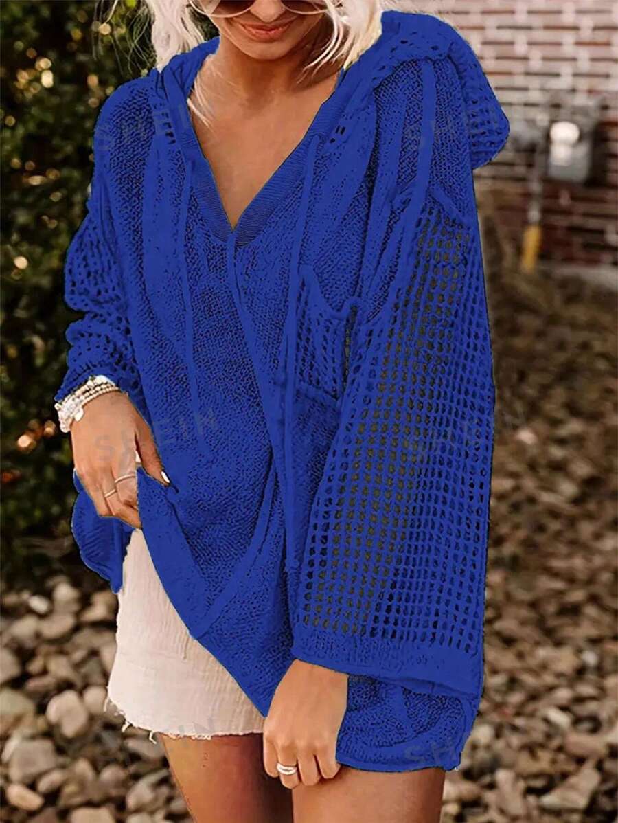 INAWLY Suéter casual, suelto con capucha con cordón, de manga larga de hombro caído y abertura calada, de unicolor, para mujer, otoño/invierno - Azul - Ver 1