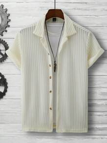 Manfinity Homme 男款純色前鈕夏季短袖襯衫（隨機圖案剪裁） - 杏色 - 查看 1