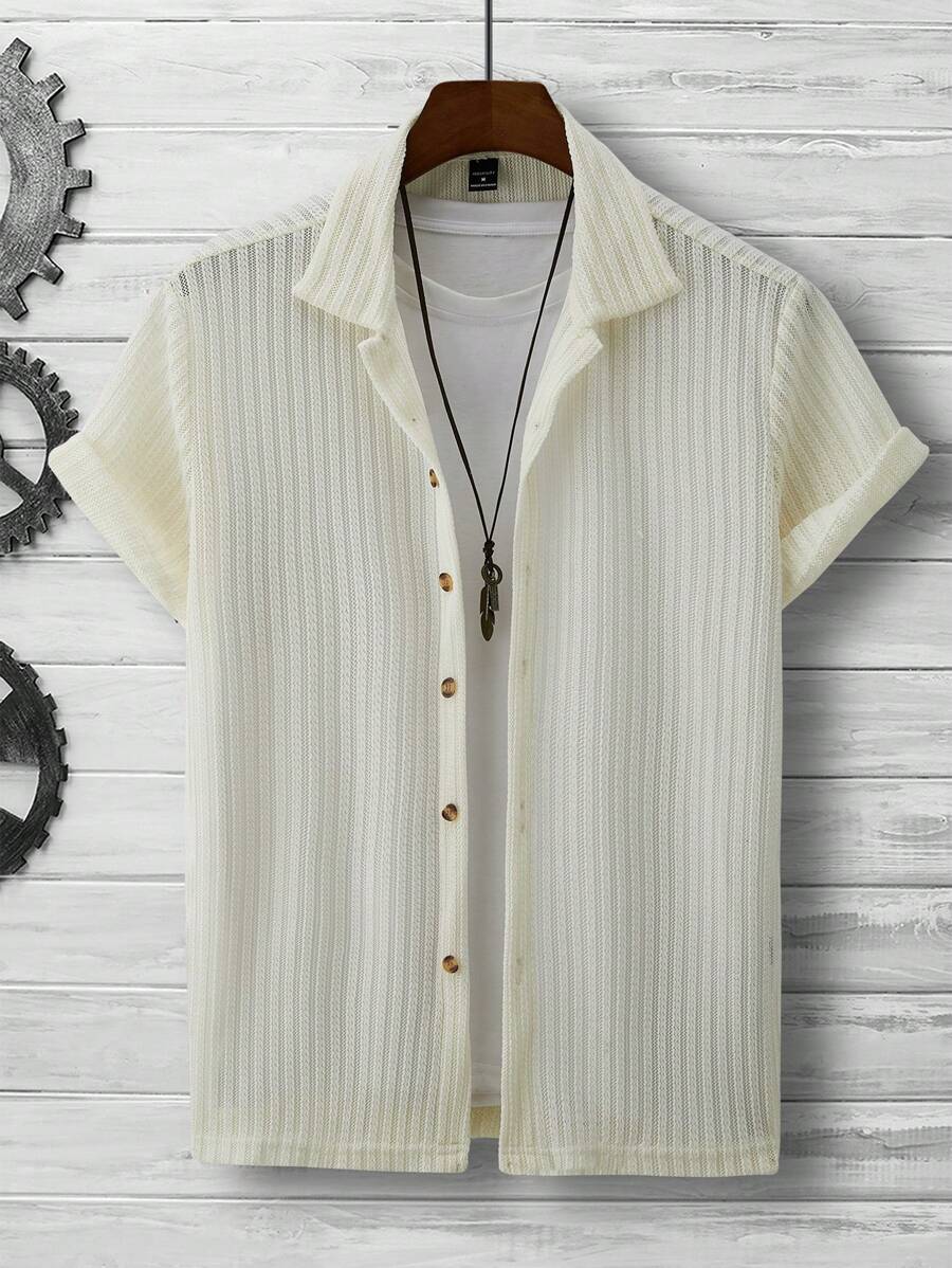 Manfinity Homme 男款純色前鈕夏季短袖襯衫（隨機圖案剪裁） - 杏色 - 查看 1