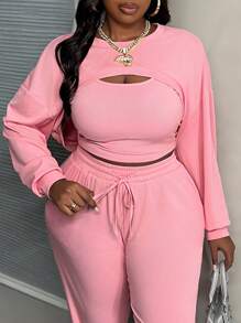 Slaydiva Bộ đồ vest không tay cơ bản thường ngày cỡ lớn, quần dài và áo len cardigan ngắn màu hồng, đầu thu/đông, có chân - Màu Hồng baby - Xem 7