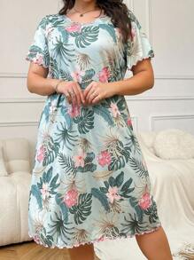 Plus Size Women's Tropical Plant Printed Round Neck Short Sleeve Pajama T-Shirt Dress