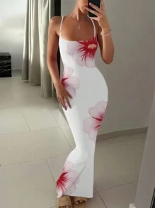 INAWLY 印花女士無袖肩帶Cami裙 - 白色 - 查看 1