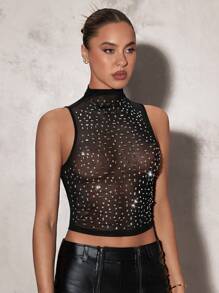 SHEIN BAE 實色米卡其裸色鄉村音樂會裝，適用於鄉村節日裝、音樂節裝和音樂會服裝 - 華麗的鑽石和高質量網眼材料，裝飾著華麗的細節，非常適合派對、晚會和夏季活動，采用性感的網眼背心緊身款式