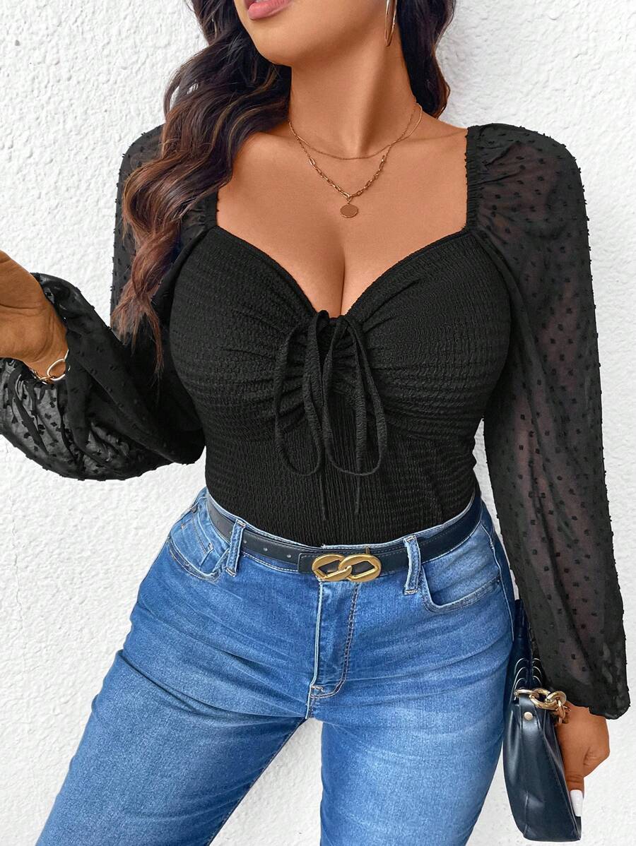 SHEIN Frenchy Plus Size Mùa Thu Quần Áo Phụ Nữ, Đen, Trở Lại Trường Học, Ngày Đêm, áo Sơ Mi Dài Tay Cổ Chắp Vá Người Yêu, Mùa Xuân & Mùa Thu - màu đen - Xem 1