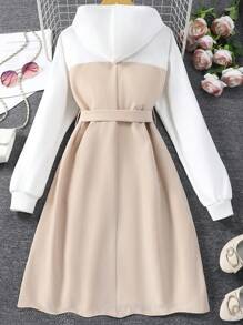 青少女彩塊長袖連帽連衣裙 - 杏色 - 查看 2