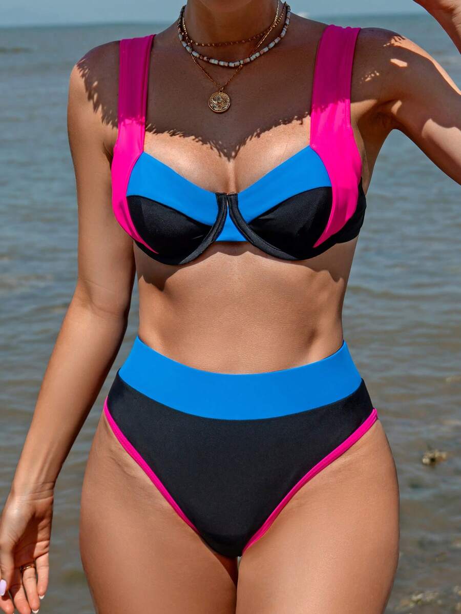 SHEIN Swim Ensemble de maillot de bain simple et coloré pour usage quotidien pour femmes, été - Multicolore - Voir 1