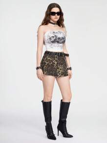ROMWE Top feminino sem alças estampado com caveira e rosa no estilo Dark Gothic, com embelezamento de glitter e pedras de strass brilhantes - Branco - Visão 5