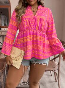 SHEIN VCAY Plus Size Long Sleeve Allover Print Pleated Blouse, Casual Vacation - Multicolor - View 1