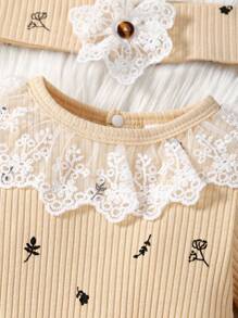 SHEIN Baby Girls' Long Sleeve Casual Ribbed Track Suit With Digital Print, 2pcs/Set - Apricot - View 4