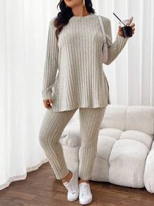 SHEIN Frenchy Plus Size Women Rib Knit Top & Pants, 2pcs - Khaki - View 5