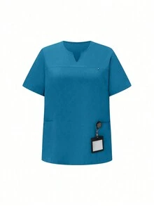 SHEIN TaskFit 大码纯色简约日常短袖上衣和长裤制服套装，大码制服和工作服 - 藍色 - 查看 6