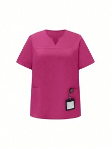 SHEIN TaskFit 大码纯色 V 领短袖上衣，带口袋和抽绳裤，女式手术服套装 - 紫色 - 查看 3