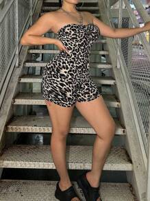 Flirla Mono de leopardo de moda de verano de talla grande, ajuste delgado