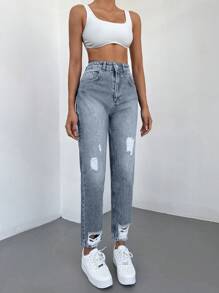 RueChic High Waist Ripped Mom Fit Jeans - Light Wash - View 6