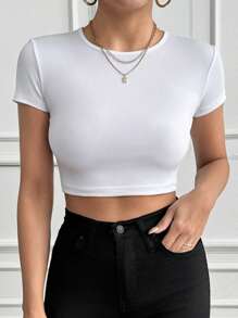 EURMUSE Solid Crop Slim Tee - White - View 1