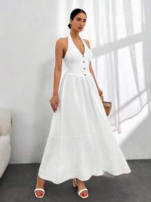 RueChic Women's Plain White Button Front Halter Backless A-Line Dress With Waist Cinched