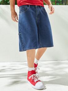 Claim Dot Quần short denim nam màu trơn có túi chéo rộng thùng thình dài trơn màu xanh đậm - Rửa trung bình - Xem 1