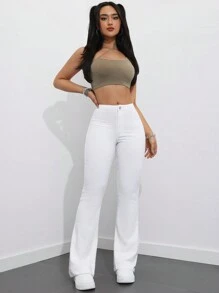 SHEIN ICON Solid Color Skinny Flare Jeans With Pockets For Women,Ladies Casual Button,Pocket,Zipper High Waist Flare Leg Long White Regular Fit Women Jeans,Spring/Fall,Casual Daily Wear - White - View 2