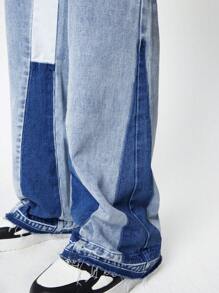 ROMWE MEN Men's Patchwork Color Block Flared Leg Street Casual Cargo Jeans Pants, School - Blue - View 6