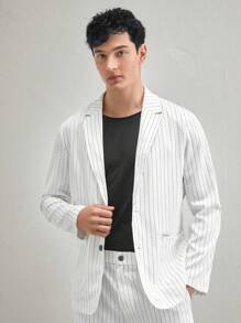 Manfinity RebelGame 男士梭织条纹休闲西装外套，适合秋季和办公室穿着，适合秋冬 - 白色 - 查看 7
