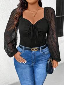 SHEIN Frenchy Plus Size Mùa Thu Quần Áo Phụ Nữ, Đen, Trở Lại Trường Học, Ngày Đêm, áo Sơ Mi Dài Tay Cổ Chắp Vá Người Yêu, Mùa Xuân & Mùa Thu - màu đen - Xem 4