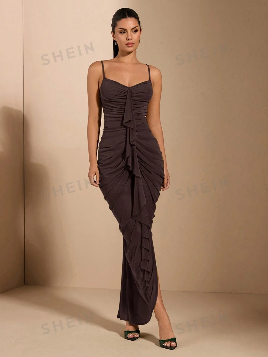 SHEIN BAE Vestido largo elegante de mujer entallado con fruncido y decoración de volantes en el pecho delantero - Café integral - Ver 1