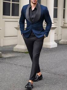 Manfinity Mode Men Solid Shawl Collar Blazer & Suit Pants - Royal Blue - View 3