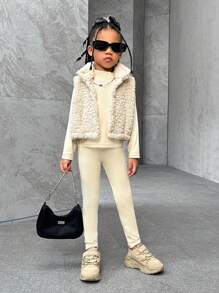 SHEIN Girls' Casual All-Match Plush Vest,  Stand Collar Long Sleeve Top, And Leggings Warm 3 Pieces Set, Fashionable - Apricot - View 5