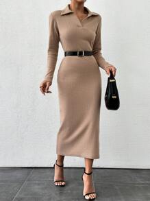 RueChic 米色領口日常連衣裙 - 米色 - 查看 1