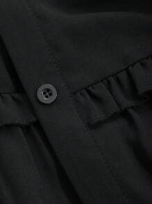 FRIFUL Women's Solid Color Front Buttoned Loose Fit Shirt With Flounced Hem, Perfect For Daily Casual Wear,Ruffle Long Sleeve Top - Black - View 3