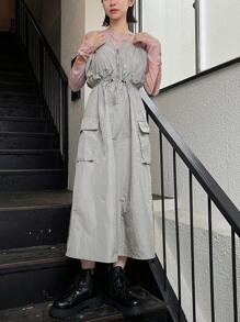 FRIFUL Women's Zipper Pockets Design Waist-Cinched Casual Dress Sundress - Light Grey - View 9